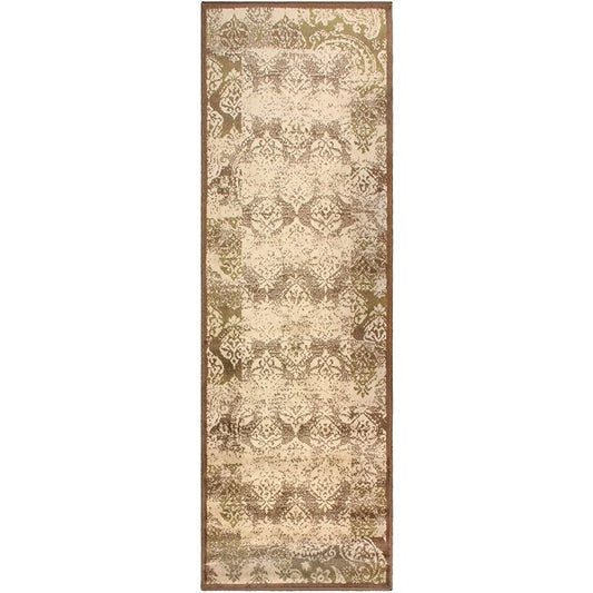 8' Beige And Brown Damask Distressed Runner Rug