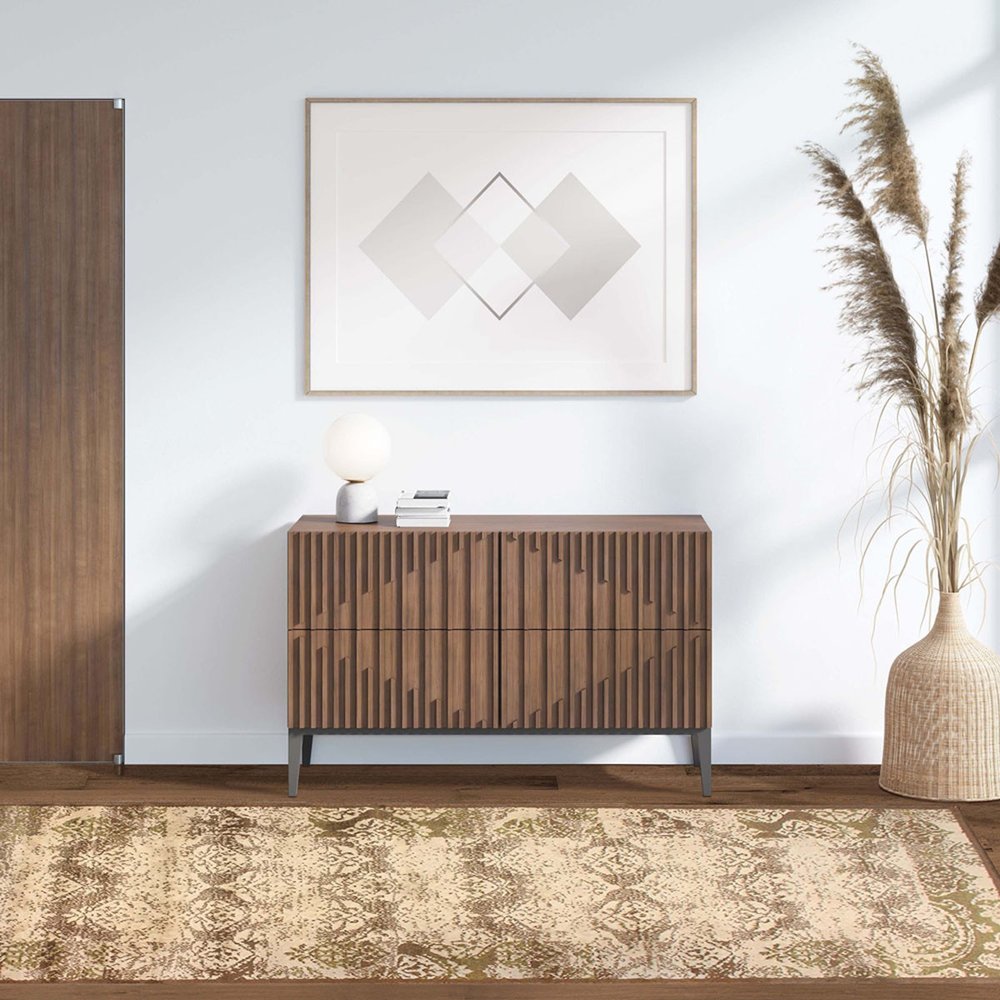 8' Beige And Brown Damask Distressed Runner Rug