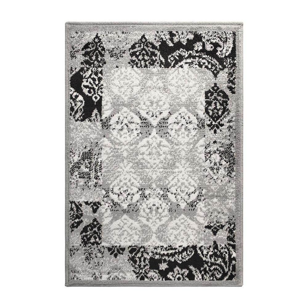 2' X 3' Black And Gray Damask Distressed Area Rug