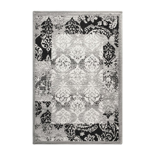 2' X 3' Black And Gray Damask Distressed Area Rug