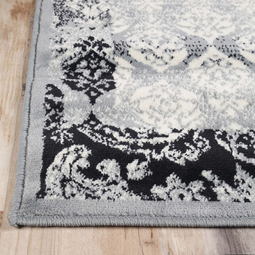 2' X 3' Black And Gray Damask Distressed Area Rug
