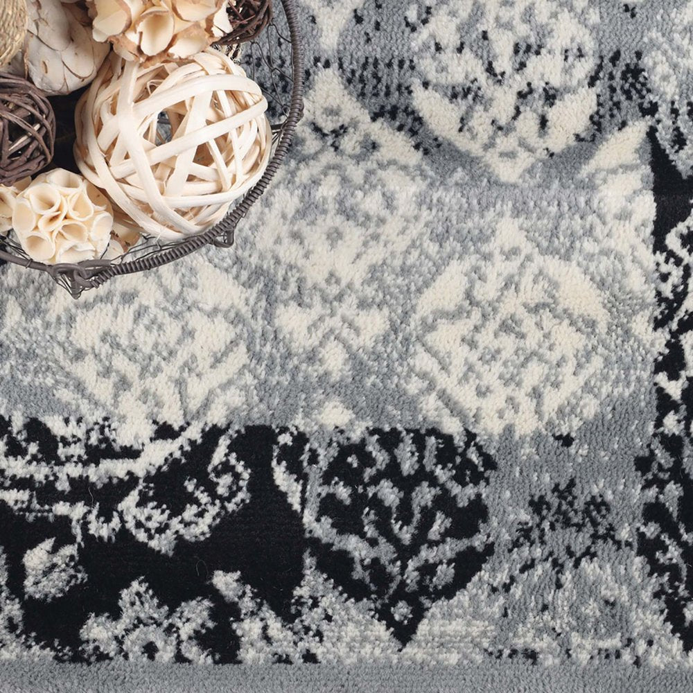 2' X 3' Black And Gray Damask Distressed Area Rug