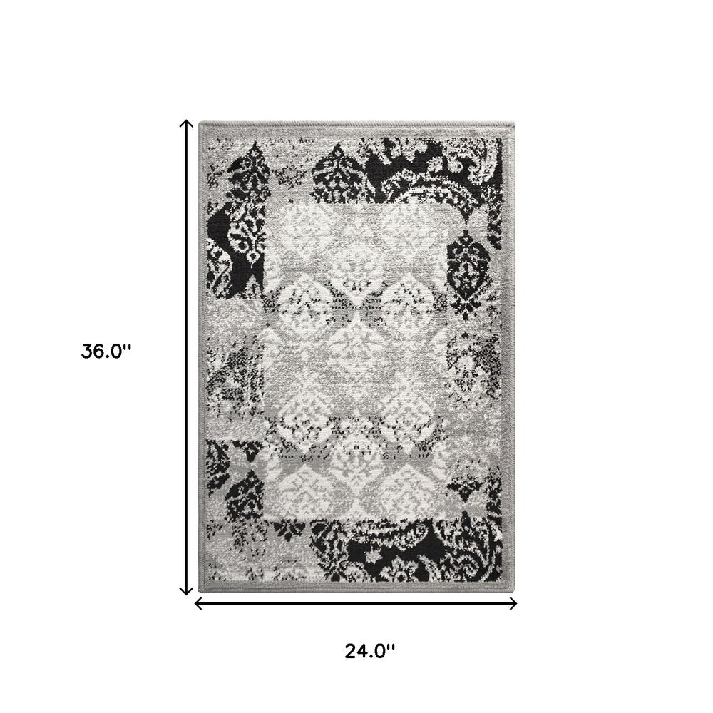 2' X 3' Black And Gray Damask Distressed Area Rug