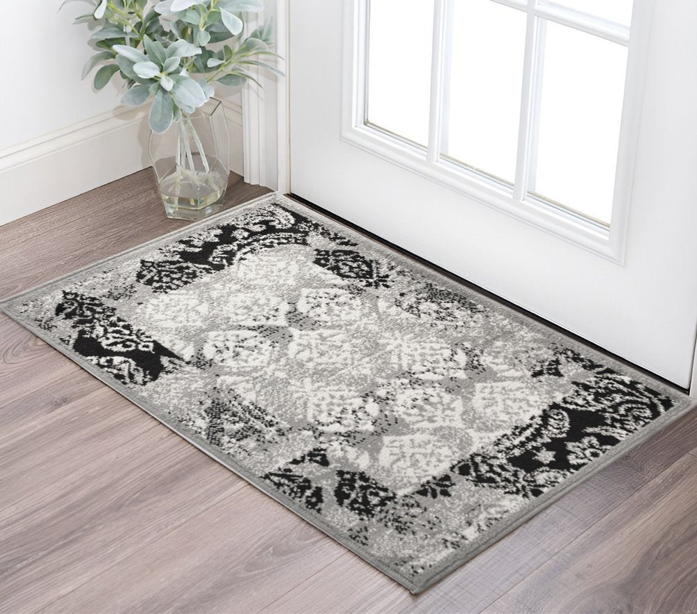 2' X 3' Black And Gray Damask Distressed Area Rug