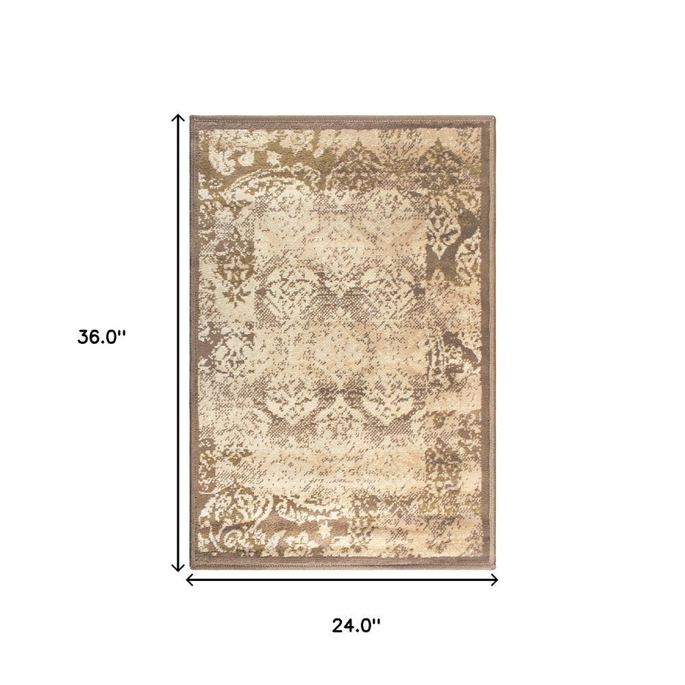 2' X 3' Beige And Brown Damask Distressed Area Rug