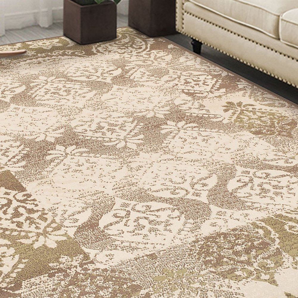 5' X 8' Beige And Brown Damask Distressed Area Rug
