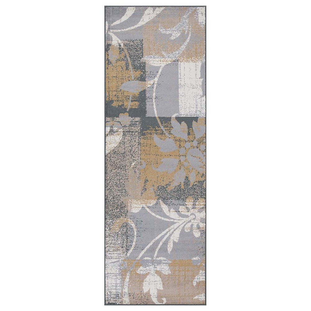 10' Beige And Black Floral Distressed Runner Rug