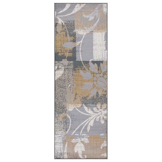 10' Beige And Black Floral Distressed Runner Rug