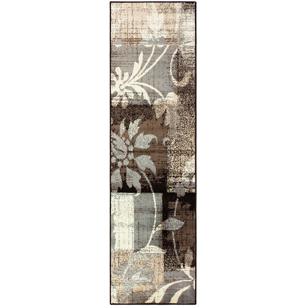 12' Beige Brown And Gray Floral Distressed Runner Rug