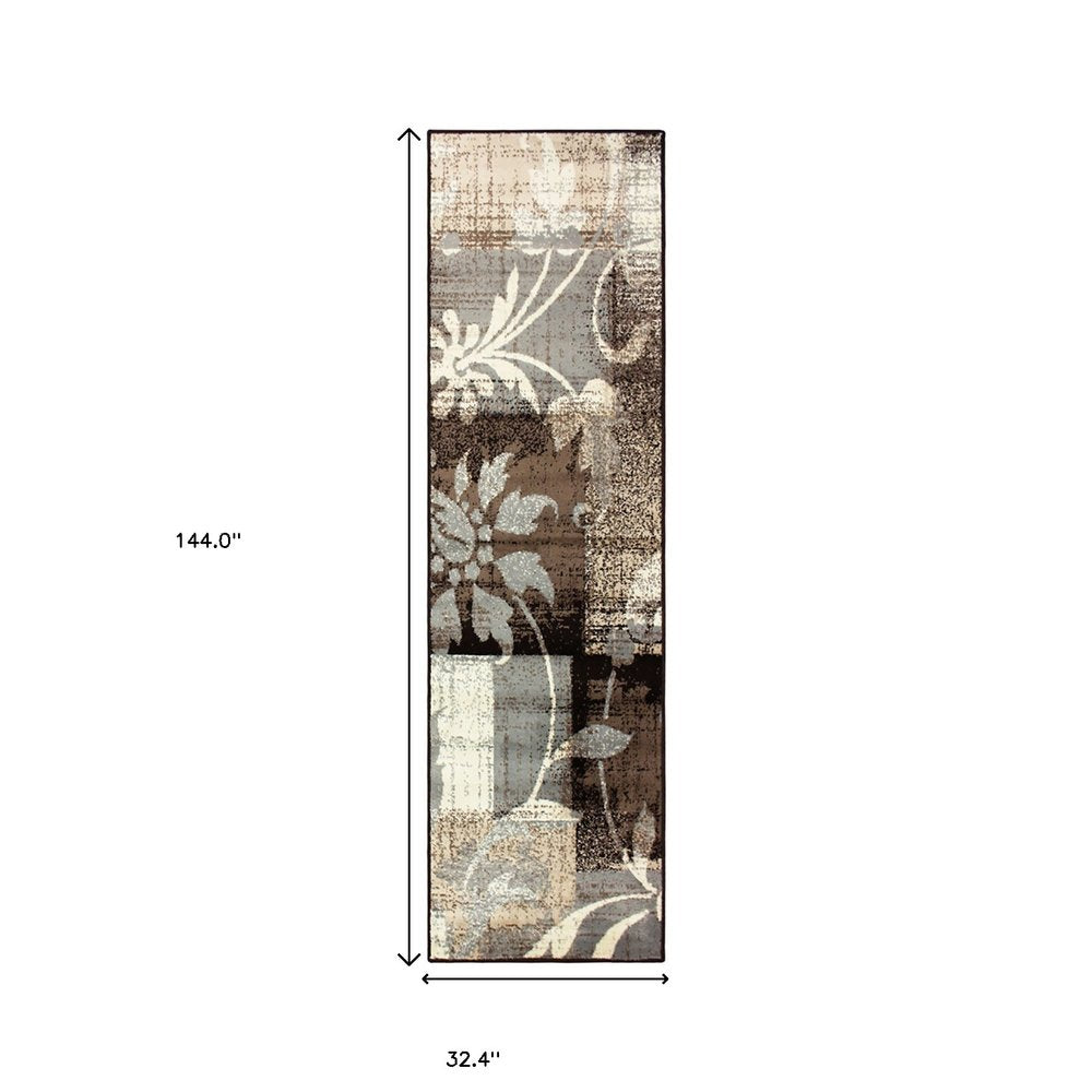 12' Beige Brown And Gray Floral Distressed Runner Rug