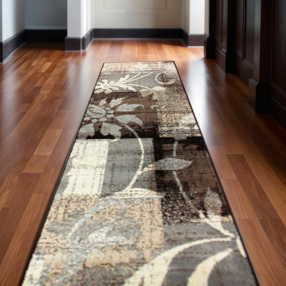 12' Beige Brown And Gray Floral Distressed Runner Rug