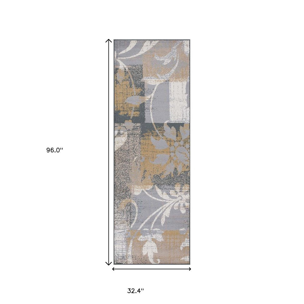 8' Beige And Black Floral Distressed Runner Rug
