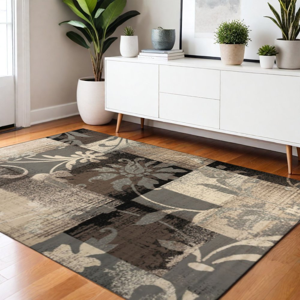 4' X 6' Beige Brown And Gray Floral Distressed Area Rug