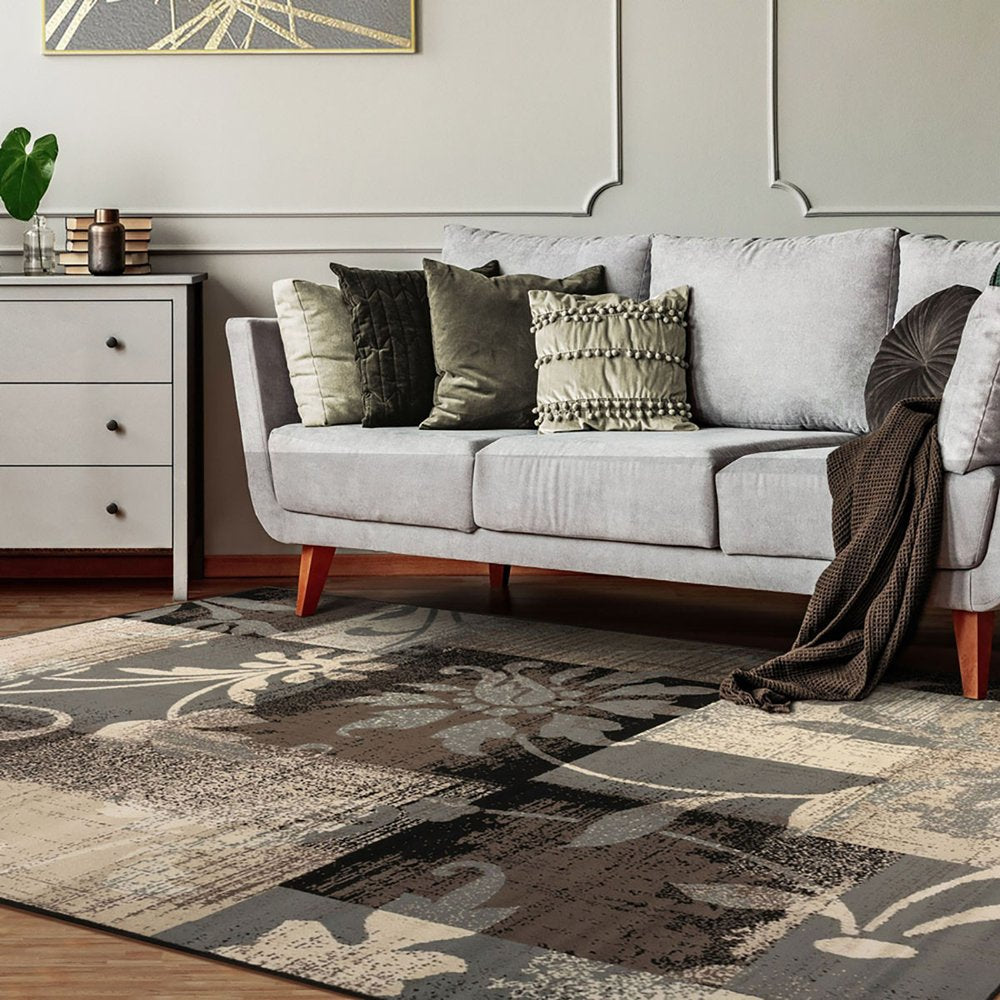 6' X 9' Beige Brown And Gray Floral Distressed Area Rug