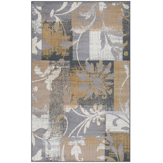 8' X 10' Beige And Black Floral Distressed Area Rug