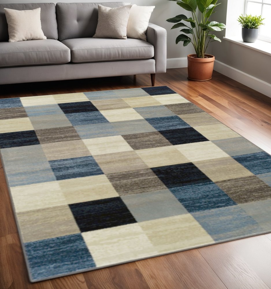 5' X 8' Blue Black And Gray Geometric Area Rug