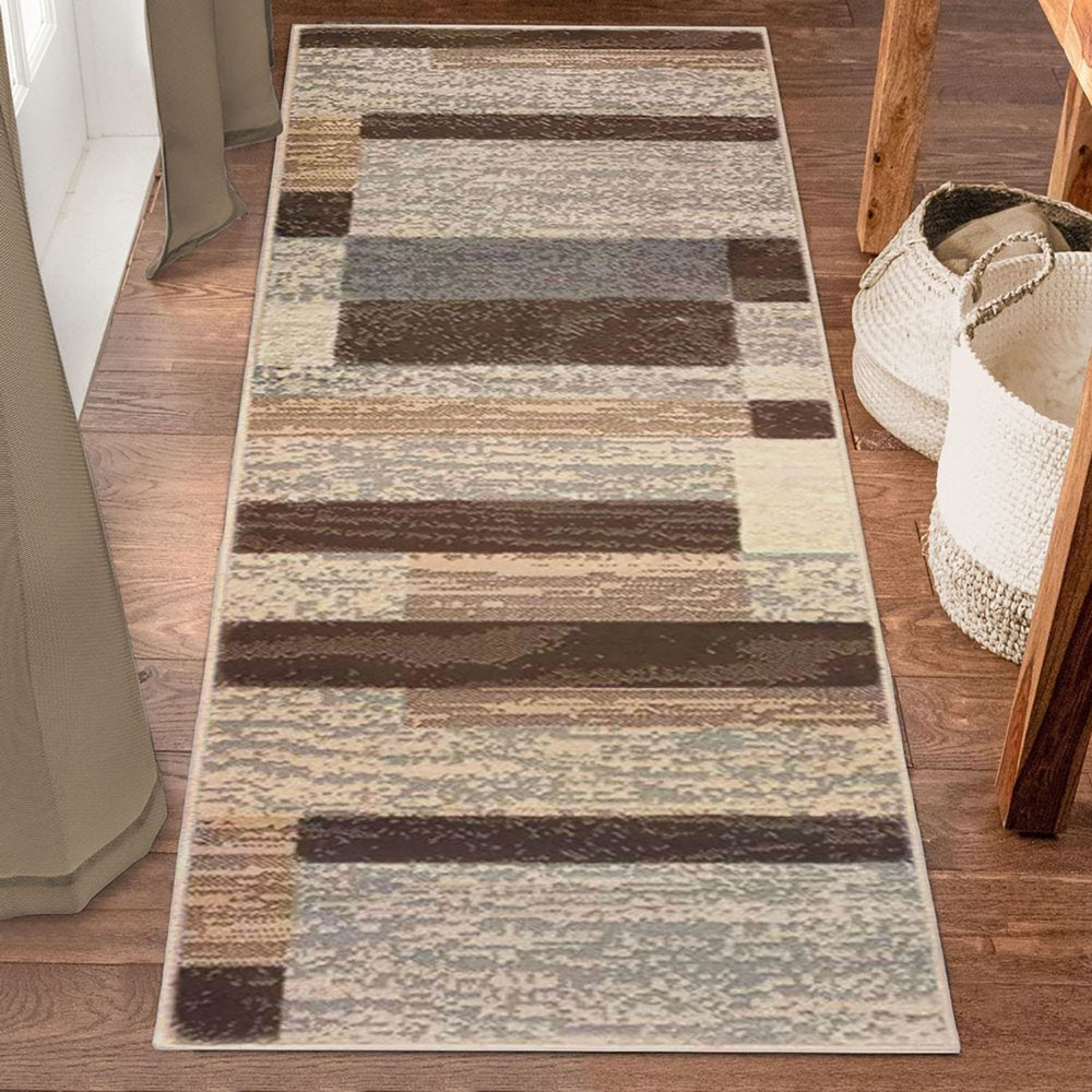 12' Beige Slate Gray And Brown Patchwork Runner Rug