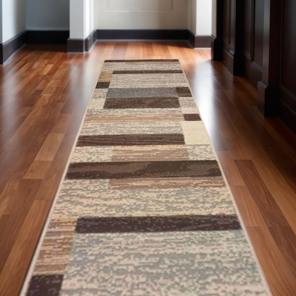 12' Beige Slate Gray And Brown Patchwork Runner Rug