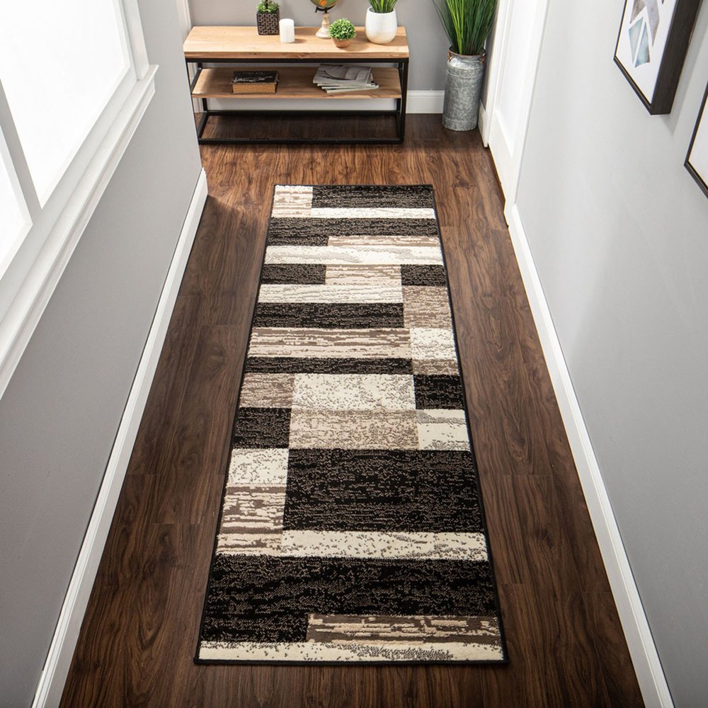 8' Black Brown And Beige Patchwork Runner Rug