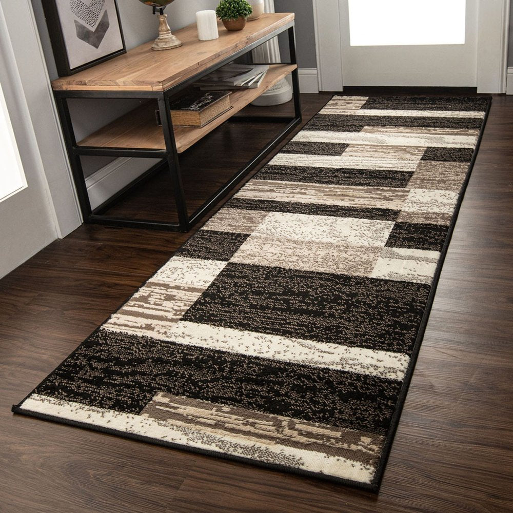8' Black Brown And Beige Patchwork Runner Rug