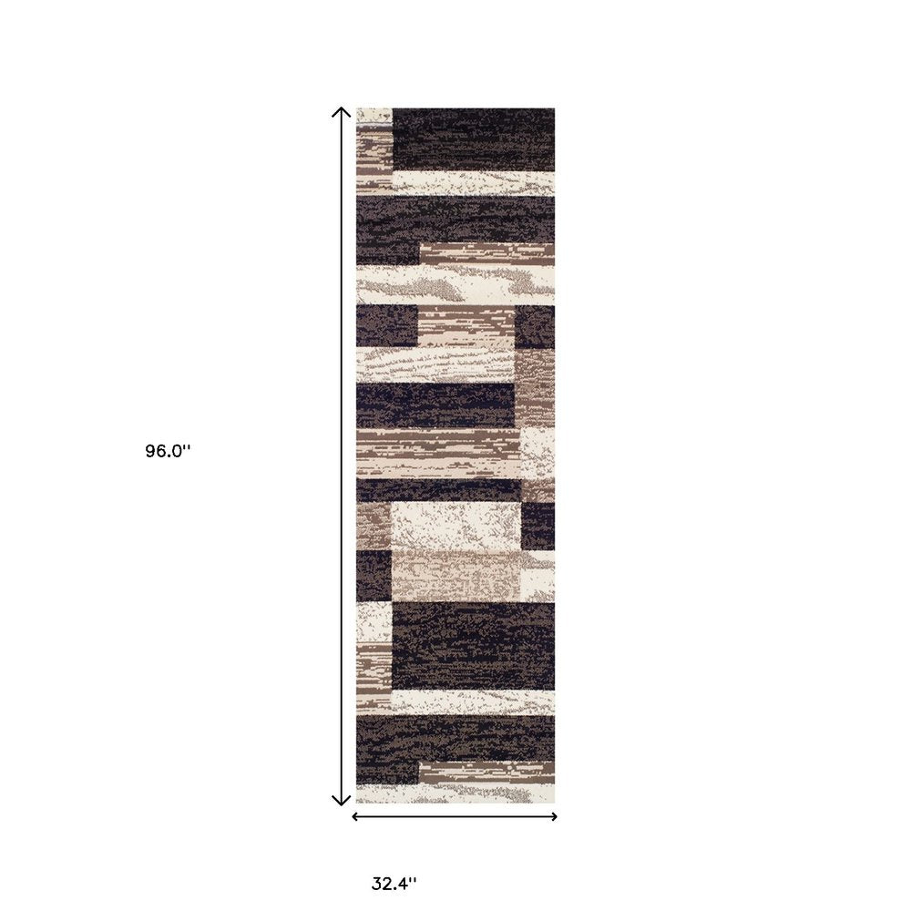 8' Black Brown And Beige Patchwork Runner Rug