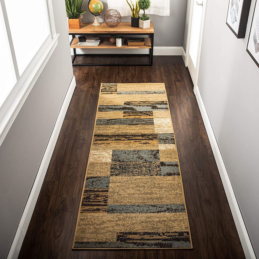 8' Blue And Beige Patchwork Runner Rug