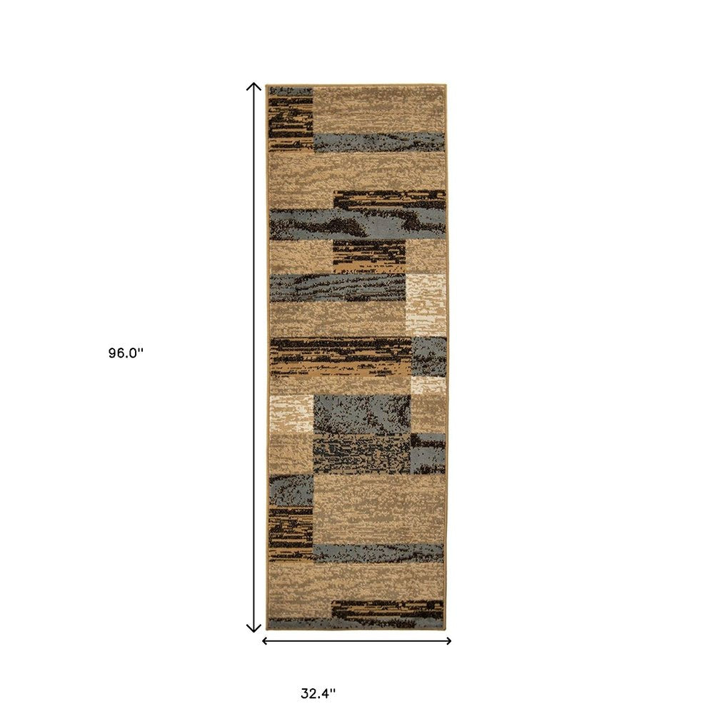 8' Blue And Beige Patchwork Runner Rug