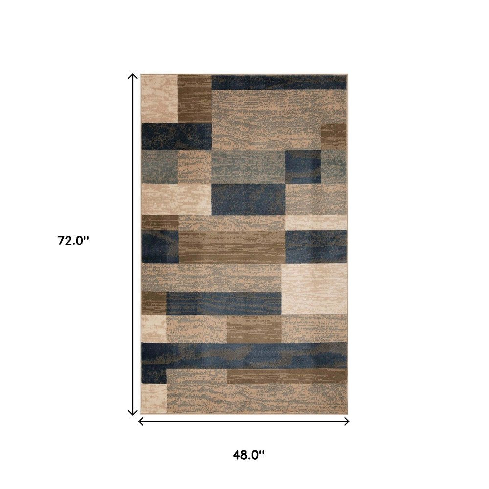 4' X 6' Blue Brown And Beige Patchwork Area Rug