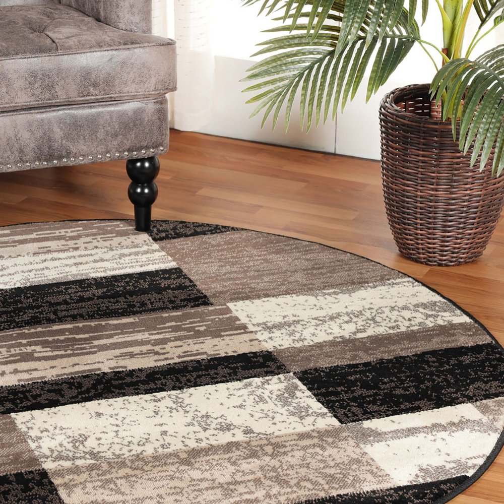 5' Black Brown And Beige Patchwork Round Rug