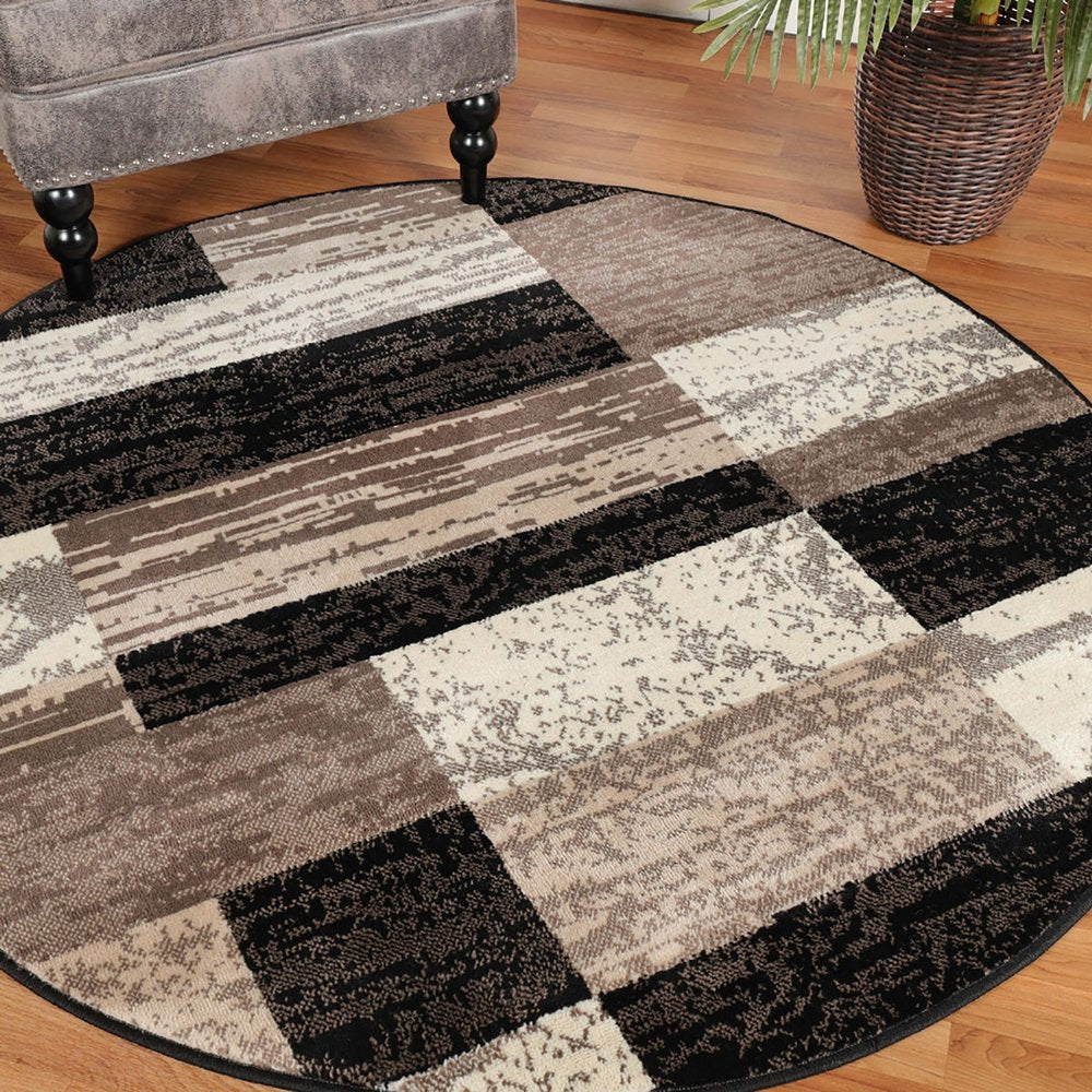 5' Black Brown And Beige Patchwork Round Rug