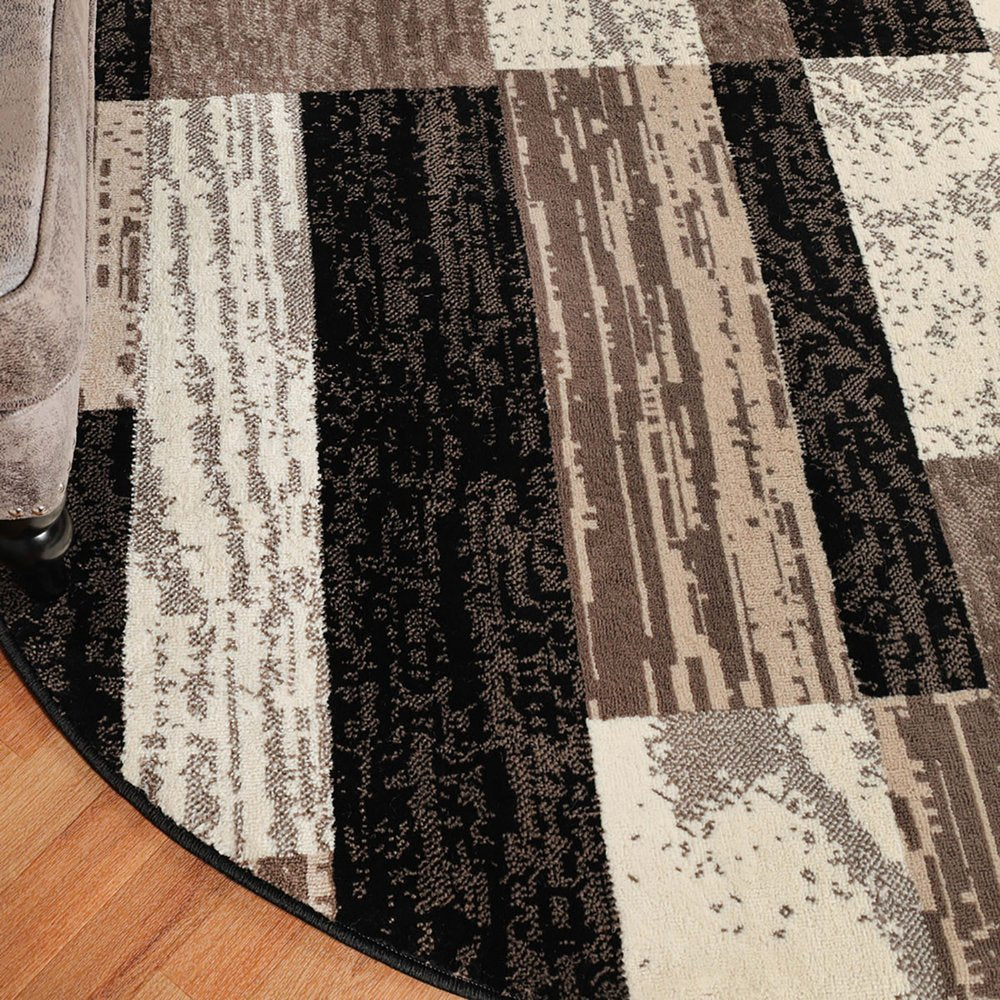 5' Black Brown And Beige Patchwork Round Rug