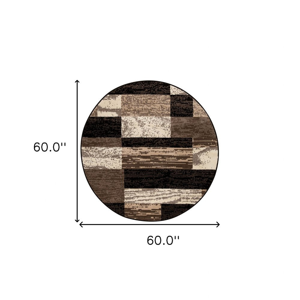 5' Black Brown And Beige Patchwork Round Rug