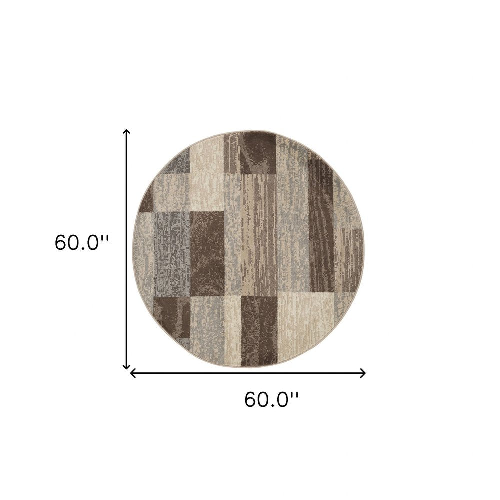 5' Beige Slate Gray And Brown Patchwork Round Rug