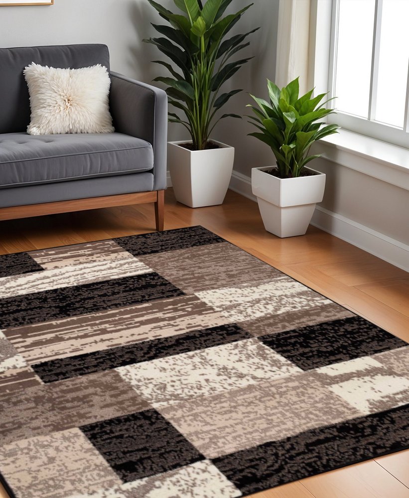 5' Black Brown And Beige Patchwork Square Rug