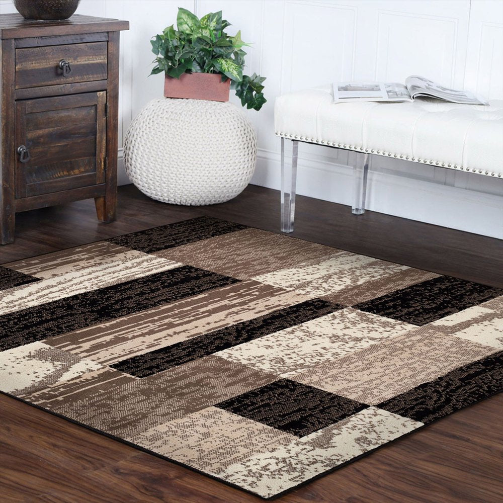 5' Black Brown And Beige Patchwork Square Rug