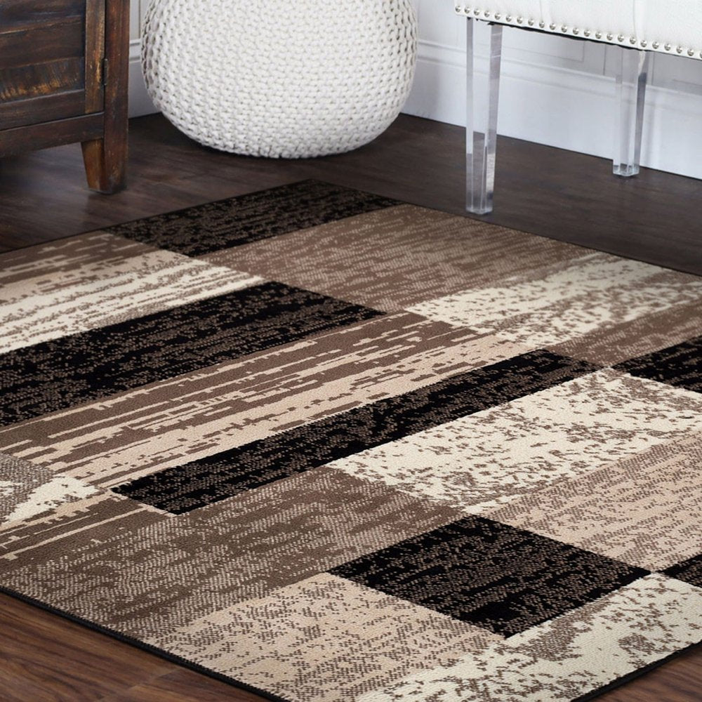 5' Black Brown And Beige Patchwork Square Rug