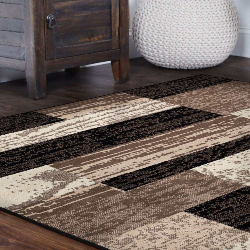 5' Black Brown And Beige Patchwork Square Rug