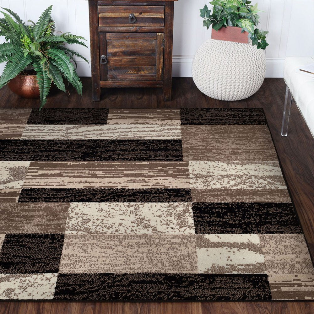5' Black Brown And Beige Patchwork Square Rug
