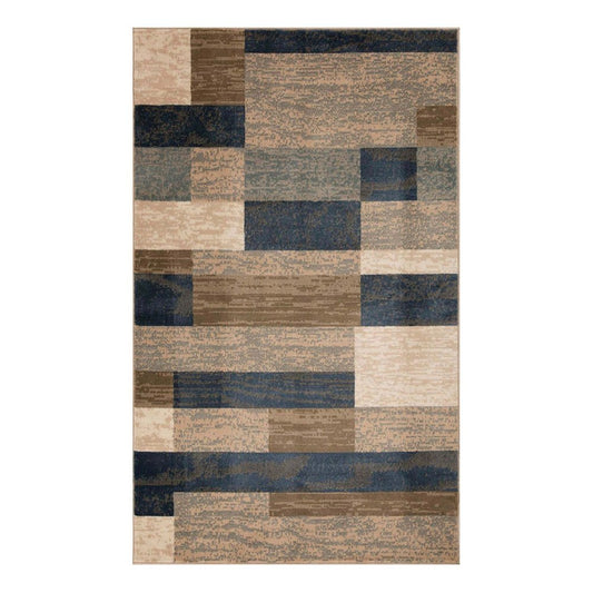 5' X 8' Blue Brown And Beige Patchwork Area Rug
