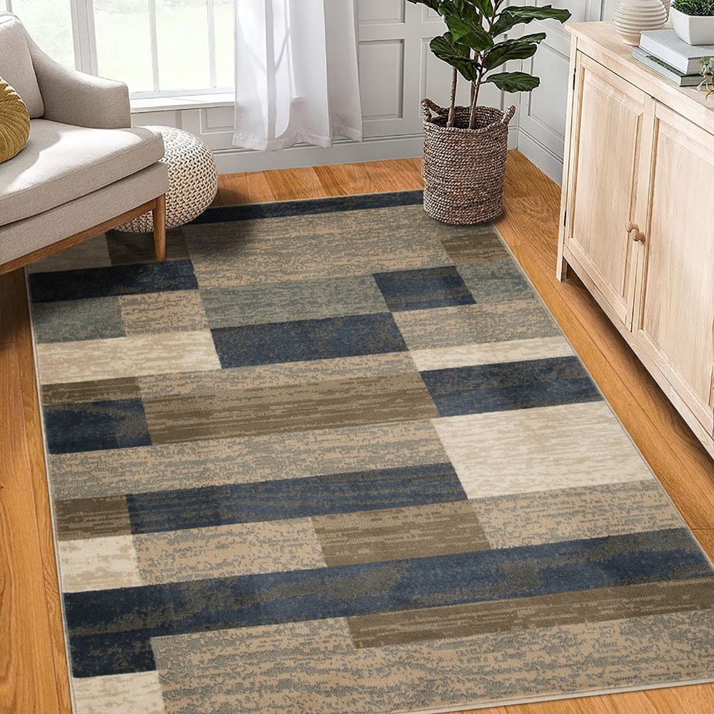 5' X 8' Blue Brown And Beige Patchwork Area Rug