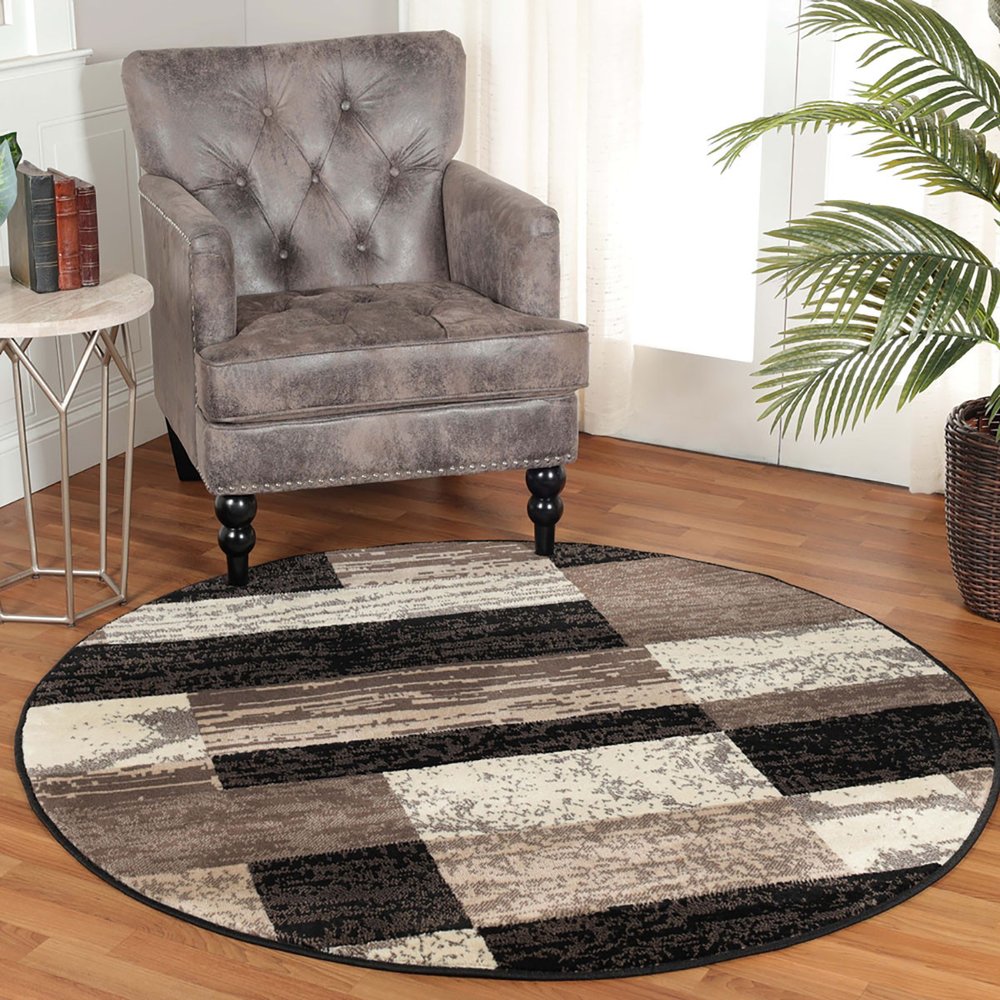 8' Black Brown And Beige Patchwork Round Rug