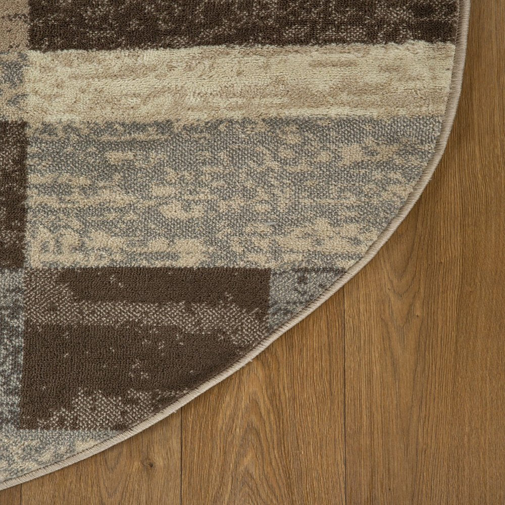8' Beige Slate Gray And Brown Patchwork Round Rug