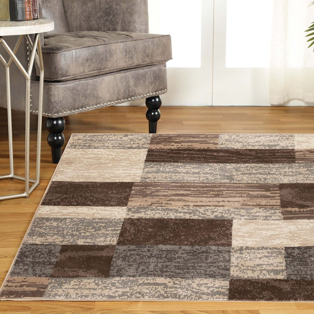 8' Beige Slate Gray And Brown Patchwork Square Rug