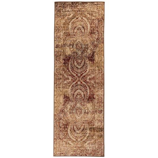 8' Gold And Maroon Abstract Distressed Runner Rug