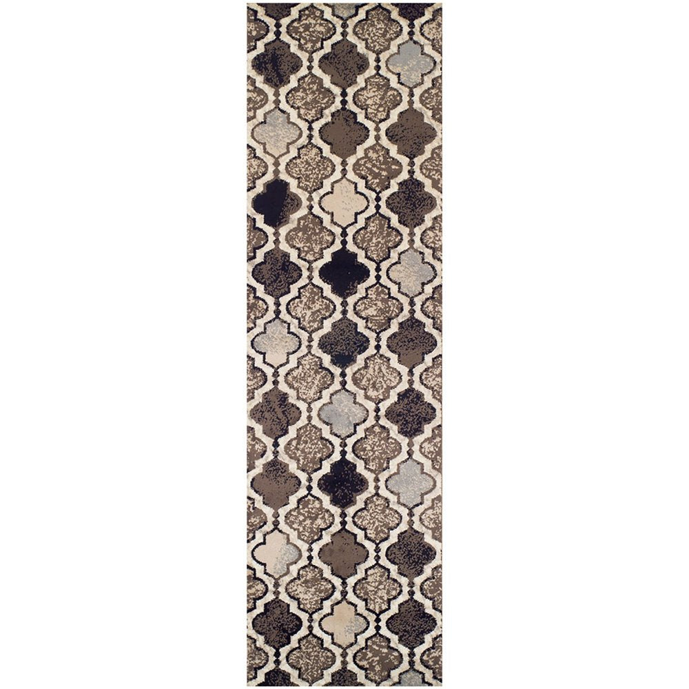 10' Ivory Brown And Black Quatrefoil Distressed Runner Rug