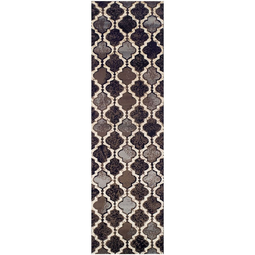12' Brown Black And Ivory Quatrefoil Distressed Runner Rug