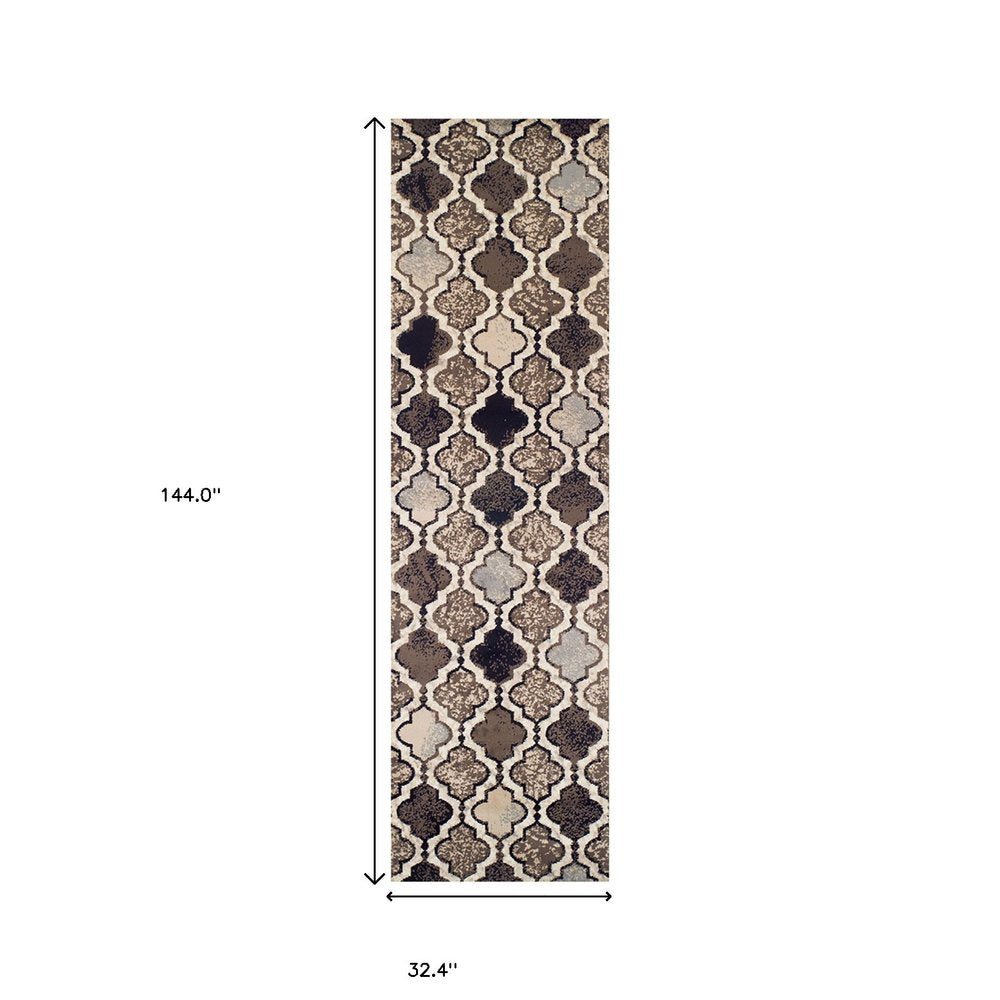 12' Ivory Brown And Black Quatrefoil Distressed Runner Rug