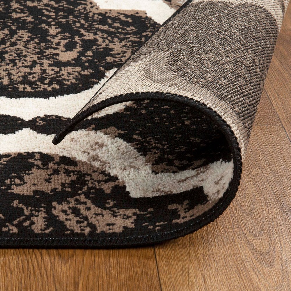 11' Brown Black And Ivory Quatrefoil Distressed Runner Rug