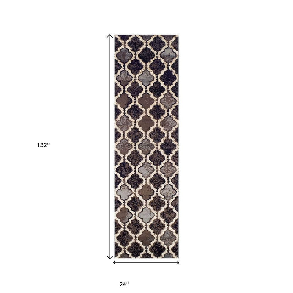 11' Brown Black And Ivory Quatrefoil Distressed Runner Rug