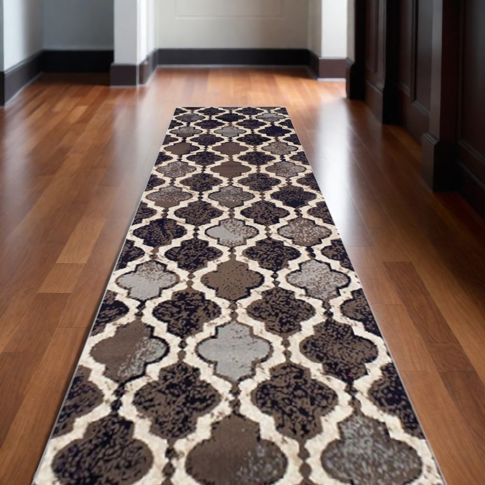 11' Brown Black And Ivory Quatrefoil Distressed Runner Rug
